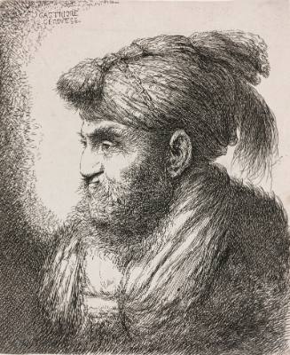 Man with beard, moustache, wearing tassled headress, facing left