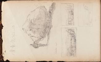 A sketch of farmers working; a sketch of a man resting against a boulder, August 12, 1859; and three compositional landscape studies, from the Nova Scotia and New Hampshire Subjects Sketchbook