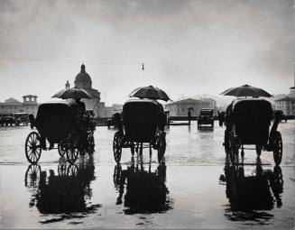 Horse drawn four wheel carriages in Rain, Italy