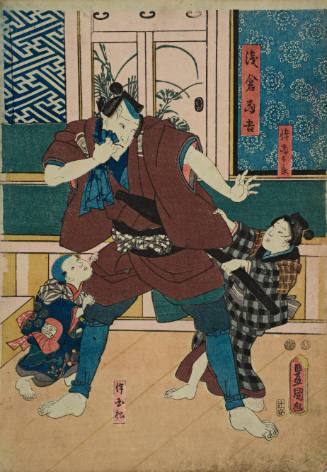 Actors Ichikawa Kodanji IV as Asakura Tôgo, Tsutanosuke(?) as His Son (Segare) Tôtarô, and an unidentified child actor as His Son Kunimatsu (R); Onoe Kikujirô II as His Wife (Nyôbô) Omine holding His Son Sannosuke (L)