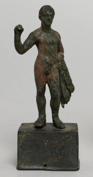 Standing nude of Hercules, holding a ring in one hand and a skin over the other