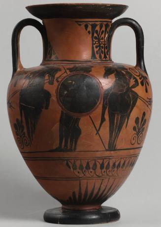 Attic black-figure amphora; (a) two warriors flanked by two mounted warriors; (b) male figure in mantle flanked by warriors with shields
