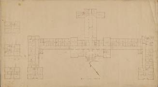 Plan of principal floor, Main Builiding, with smaller plans of second, third, and attic floors on left side of drawing