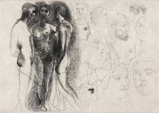 Three standing nudes, sketches of heads at right from "Le Chef d'oeuvre Inconnu," plate IX