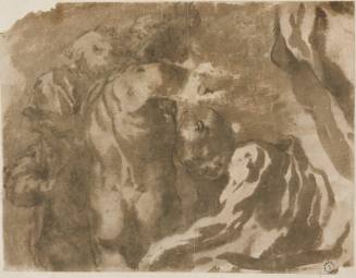 Figure studies: nude male flanked by a cloaked figure on the left and a seate.d figure to the right