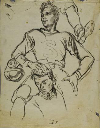 Untitled (Football player with his helmet around his arm sitting on top of another boy. The lower half of a leg and full foot is pictured in the upper right hand corner.)