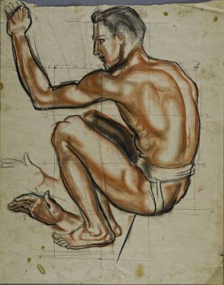 Untitled (Young man sitting with left hand extended upwards. He is wearing a jock strap. There is a study of a right hand lower right and an outline of half of a hand on top of the study, lower left.)
