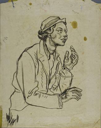 Untitled (Young woman sitting wearing gloves, a hat and jacket. From waist up three quarter profile.)