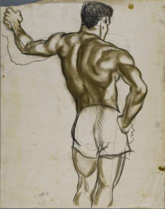 Untitled (The back of a muscular young man from the mid calf of the legs up. His left hand is extended, leaning on a wall, the right hand rests on his hip.)