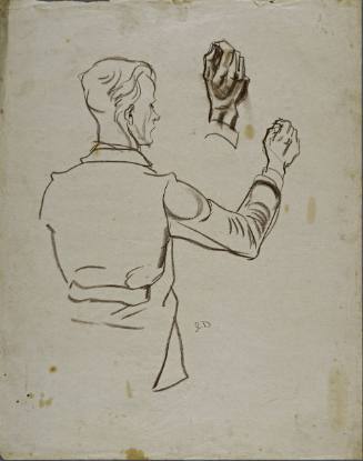 Untitled (Back of a man from waist up. Right arm extended up, hand in writing position. Study of a hand in writing position, upper middle.)
