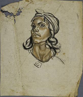 Untitled (Three quarter profile of a young girl with a scarf around her head.)