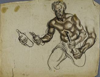 Untitled (Young man running, holding bottle in left hand and baton in right hand. Separate right hand study middle left of drawing. Separate left hand and arm holding baton.)