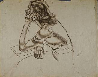 Untitled (Side profile of young woman’s face and body sitting at desk. Left arm leaning on desk.)