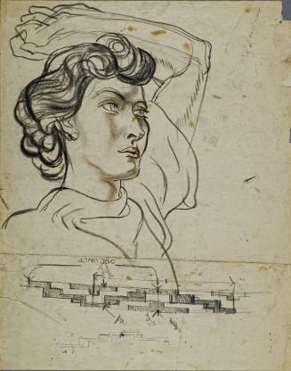 Untitled (Three quarter profile of young girl. Left arm and hand over head. Lower portion of drawing is a geometrical diagram specifying colors.)