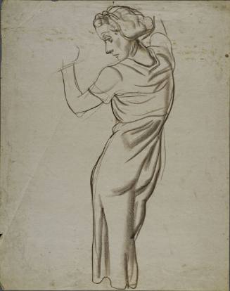 Untitled (Young woman standing facing backwards, side facial profile. Both arms raised over head.)