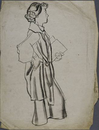 Untitled (Side profile of young woman standing holding books. Right hand on hip.)