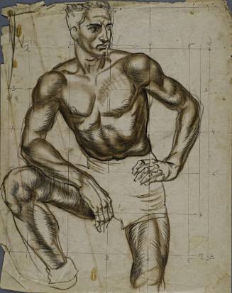 Untitled (Muscular young man with shorts on. Right leg leaning forward with right arm resting on leg.)