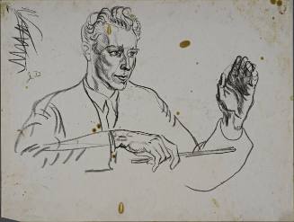 Untitled (Three quarter profile of an orchestra conductor. Left hand holding baton and reight hand raised.)