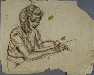 Untitled (Young girl sitting at desk writing. Right hand holding pencil left hand holding side of desk.)