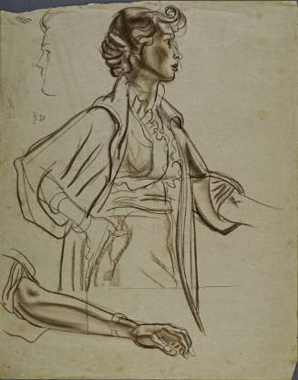 Untitled (Side profile of woman standing. Left arm extended and right hand on hip. Study on left arm and hand with bracelet lower left. Study of side profile of woman upper left.)