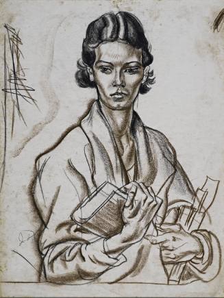 Untitled (Young girl with dark hair, wearing a coat. She is holding books.)