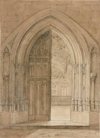 Door of the Divinity School, Oxford, for William Combe's A History of the University of Oxford, (London, 1814) vol. 2, facing p. 209
