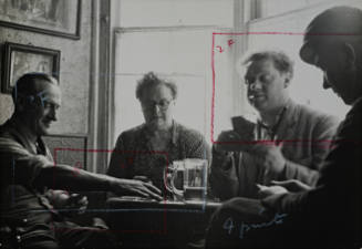 Dylan Thomas, Ivy Williams, Ebie Williams, and villager playing NAP in the pub at Brown's Hotel, Laugharne, Wales