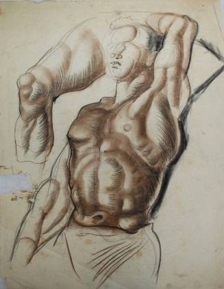 Untitled (Muscular torso of man with left arm over head. Study of right leg.)