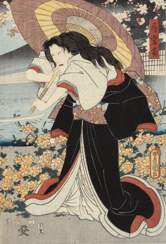 The actor Ichikawa Kodanji IV as the maid Meshitsukai Ohatsu fighting the lady-in-waiting with parasol Tsubone Iwafuji, played by actor Ichikawa Dajuro VIII, 1851, a scene from the kabuki play Hana To Mimasu Yayoi No Hatsuyaku