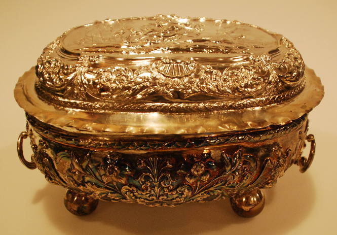 Silver Covered Casserole: Landscape with woman and cherubs