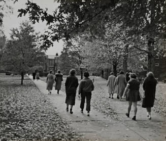 Rear view of students walking on Quad, Vassar College