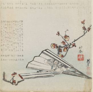 Untitled (Japanese Surimono - greeting card with fans and blossoms)