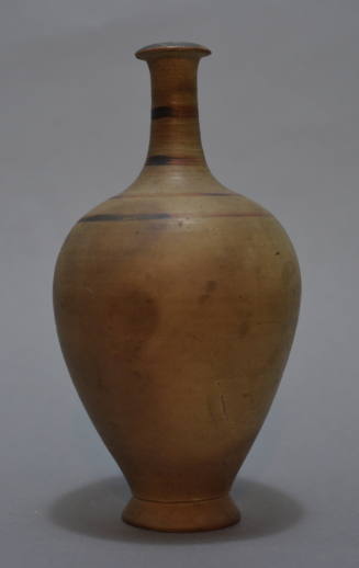 Pottery bottle of ovoid form, tapering to slender neck, with four painted bands at neck and shoulder