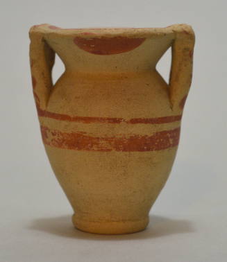 Small buffware vessel of column-krater form, with barids of red decoration