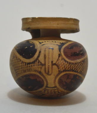 Italo-Corinthian round aryballos decorated with abstract palmette motif and cross-hatching