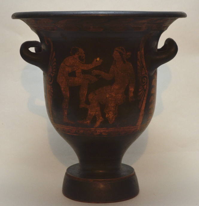Paestan red-figure bell krater: (a) Satyre offering a ball to seated youth (Dionysos); (b) two confronted youths