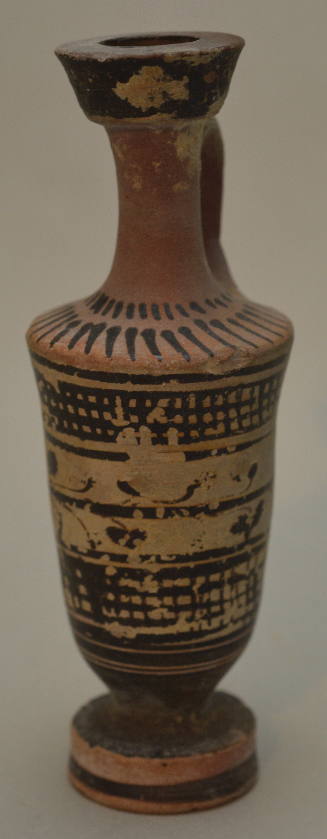 Attic black-figure lekythos ornamented with ivy wreath and crossbars, rays on shoulder