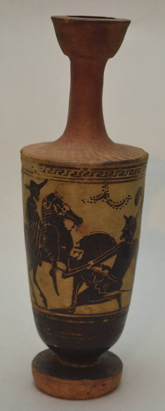 Attic black-figure lekythos: scene of traveller on horseback approaching a crouching warrior