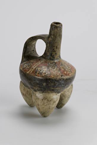 Vessel with tripod gourd feet, cylindrical spout, strap handles and painted shoulder designs