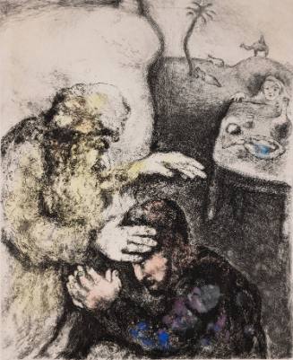 Before Dying, the Blind Isaac Blesses his Second Son, Jacob, who Rebecca has Made him Believe is his Elder son Esau. (Genesis 27:26-29) (from Chagall's illustrations for the Bible, 1931-36)
