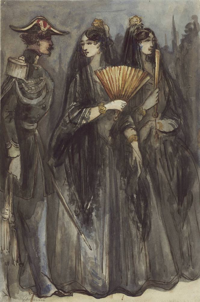 Officer and Two Ladies with Spanish Mantillas