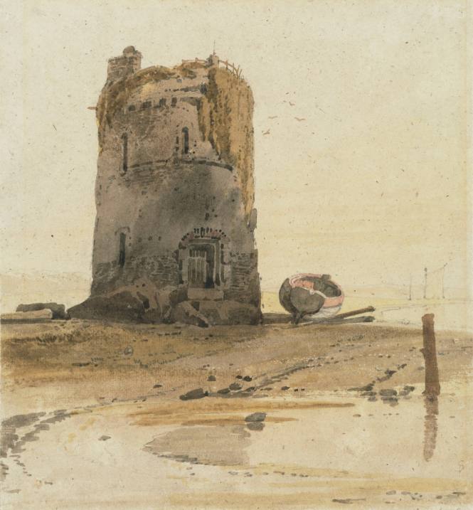Round Tower on the Seashore, related to the drawings for Prout's Marine Studies (London, 1814) and Marine Sketches (London, 1820)