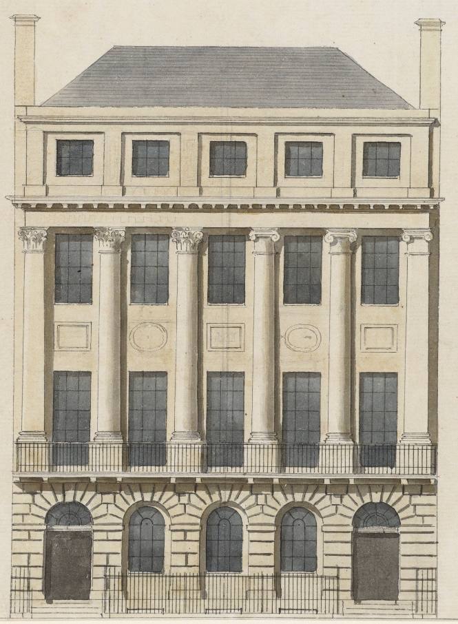 Design for a Pair of Townhouses with Giant Ionic and Composite Orders over a Rusticated Basement: Elevation