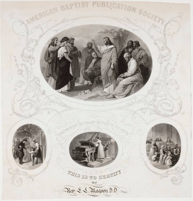 Certificate of the American Baptist Publication Society to Reverend E. L. Magoon
