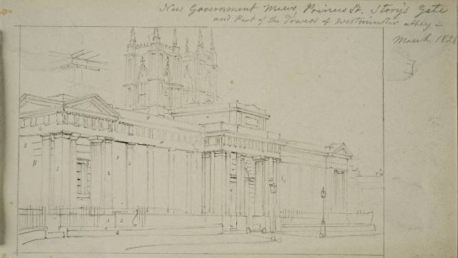 New Government Mews, Prince St., Story's Gate and Part of the Towers of Westminster Abbey