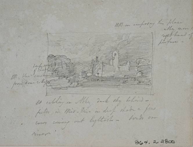 Sketch of an abbey in a rural setting