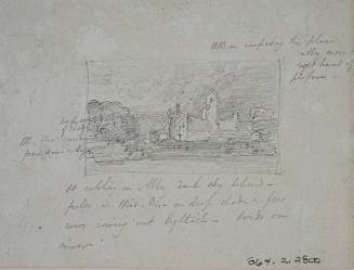 Sketch of an abbey in a rural setting