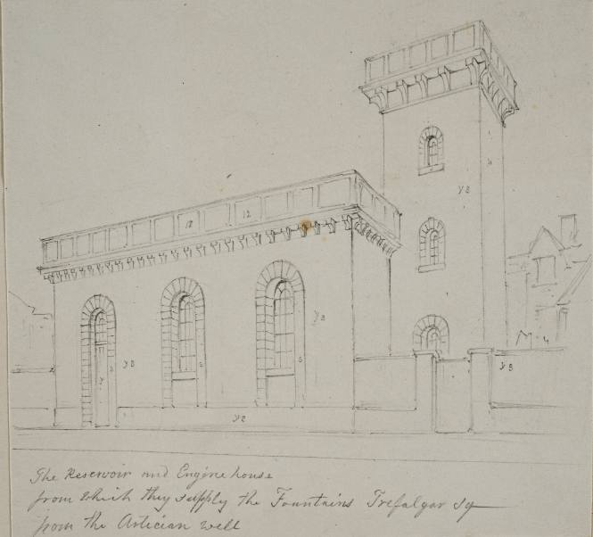 The Resevoir and Engine House from which they supply the Fountains. Trafalgar Square from the Artesian Well