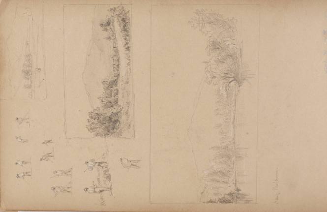 Sketches of farmers working the land; and three compositional landscape studies, August 10, 1859, Shelburne, from the Nova Scotia and New Hampshire Subjects Sketchbook