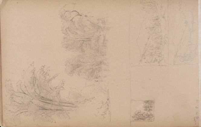 Sketch of trees and river; and three compositional landscape sketches, from the Nova Scotia and New Hampshire Subjects Sketchbook